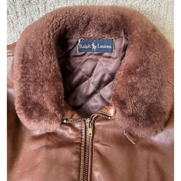 Ralph Lauren Brown Bomber Aviator Jacket Womens 12 Vintage Shearling Collar - Picture 15 of 16